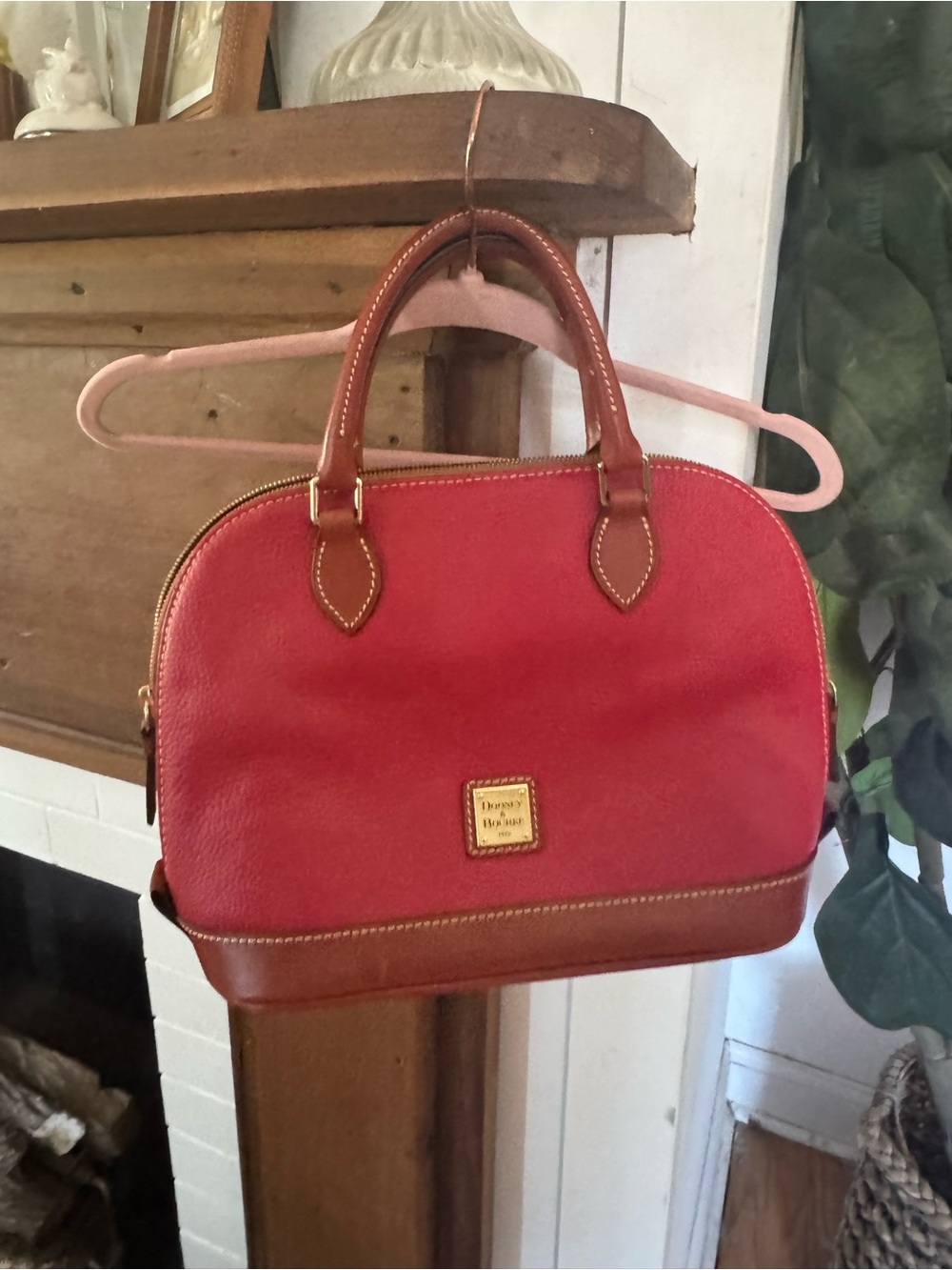 Dooney & Burke Red Dome Satchel Handbag with Tan Trim - Picture 3 of 14